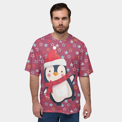 Мужская футболка оверсайз Пингвин в звездах / 3D-принт – фото 3