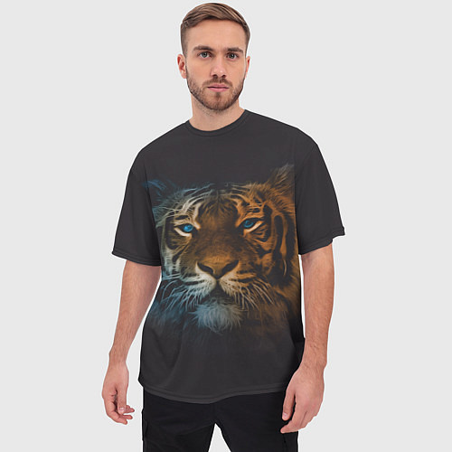 Мужская футболка оверсайз Тигр с голубыми глазами / 3D-принт – фото 3