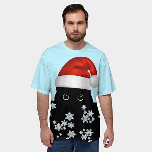 Мужская футболка оверсайз Новогодний Кот со снежинками / 3D-принт – фото 3