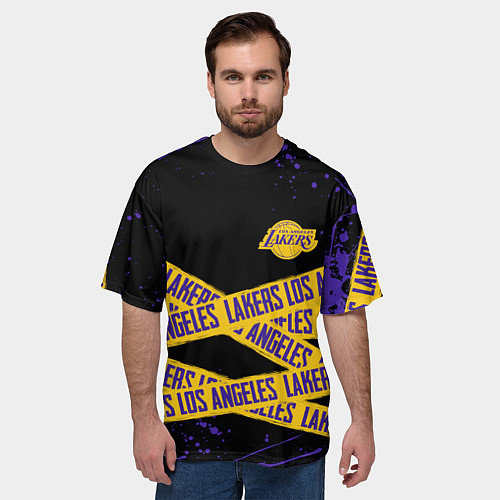 Мужская футболка оверсайз LAKERS LOGO БРЫЗГИ КРАСОК / 3D-принт – фото 3