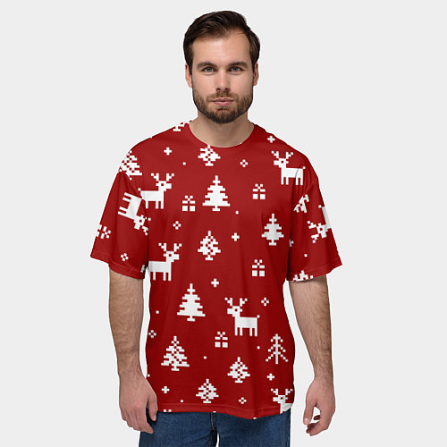 Мужская футболка оверсайз Новогодние олени и елки на красном фоне / 3D-принт – фото 3