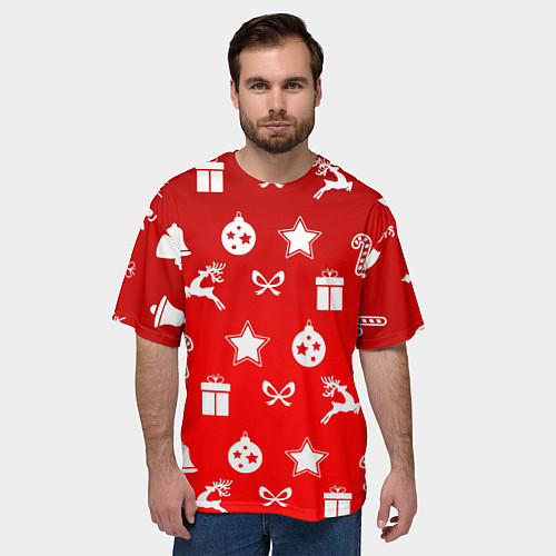 Мужская футболка оверсайз Новогодний узор красный градиент / 3D-принт – фото 3