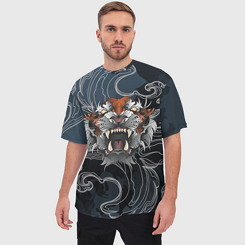 Мужская футболка оверсайз Рычащий Тигр в японском стиле / 3D-принт – фото 3