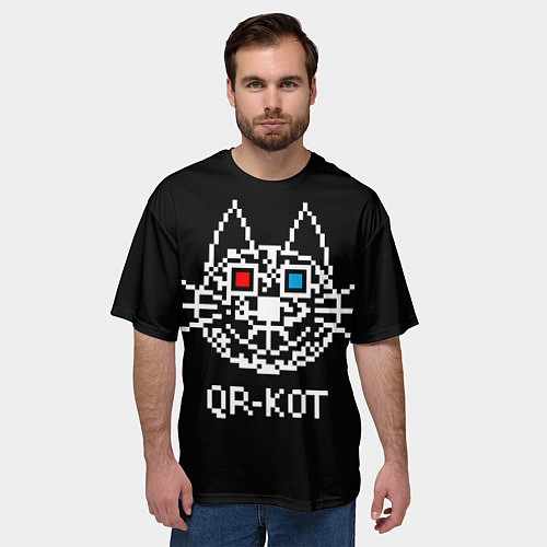 Мужская футболка оверсайз QR кот в стерео очках / 3D-принт – фото 3