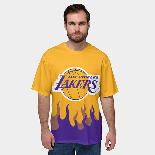 Мужская футболка оверсайз LA LAKERS NBA FIRE ЛЕЙКЕРС ОГОНЬ / 3D-принт – фото 3