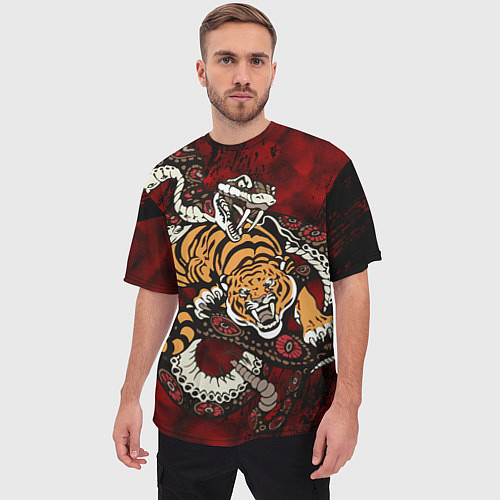 Мужская футболка оверсайз Тигр со Змеёй 2022 / 3D-принт – фото 3