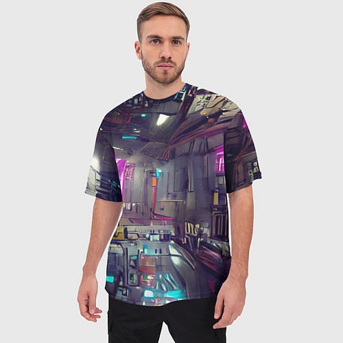Мужская футболка оверсайз Городской киберпанк / 3D-принт – фото 3