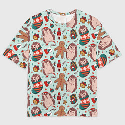 Футболка оверсайз мужская Новогодний ёжик и щелкунчик, цвет: 3D-принт