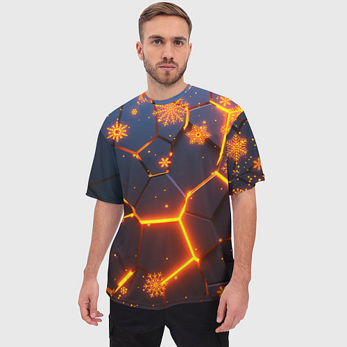 Мужская футболка оверсайз НОВОГОДНИЕ ОГНЕННЫЕ 3D ПЛИТЫ FIRE NEON HEXAGON / 3D-принт – фото 3