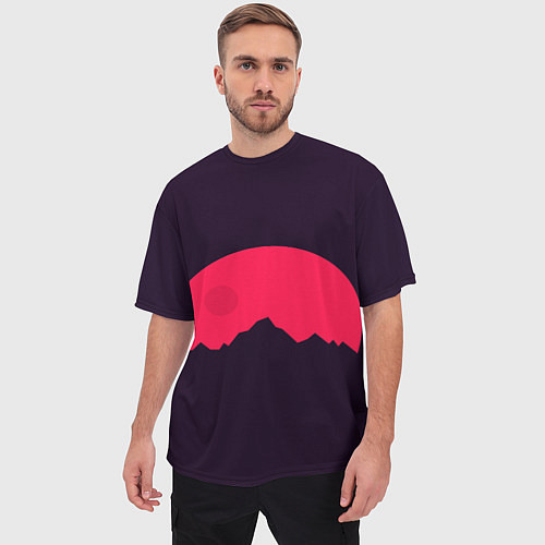Мужская футболка оверсайз Красная луна над сумеречными горами / 3D-принт – фото 3