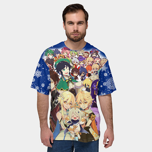 Мужская футболка оверсайз НОВЫЙ ГОД В ГЕНШИН ИМПАКТ, ВСЕ ГЕРОИ ИГРЫ / 3D-принт – фото 3