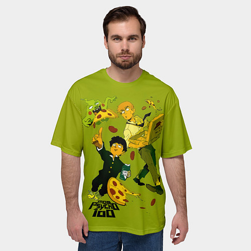 Мужская футболка оверсайз Шигео, Ямочки и Рэйгэн налет на пиццу - Mob Psycho / 3D-принт – фото 3