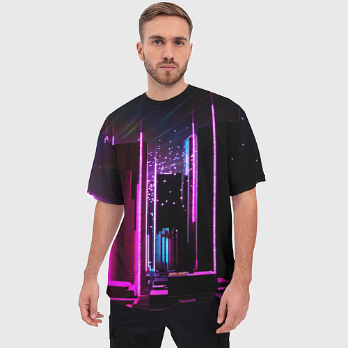 Мужская футболка оверсайз Ночной город в киберпанке / 3D-принт – фото 3