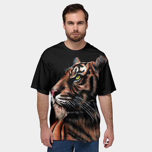 Мужская футболка оверсайз Тигр в Темноте Взгляд Вверх / 3D-принт – фото 3
