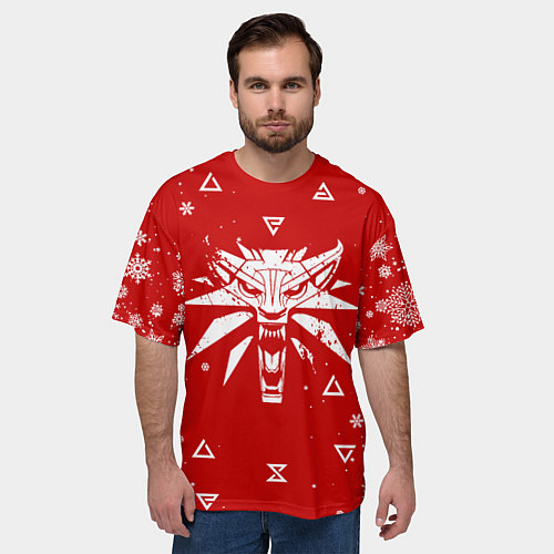 Мужская футболка оверсайз КРАСНЫЙ СВИТЕР ВЕДЬМАК НОВОГОДНИЙ / 3D-принт – фото 3