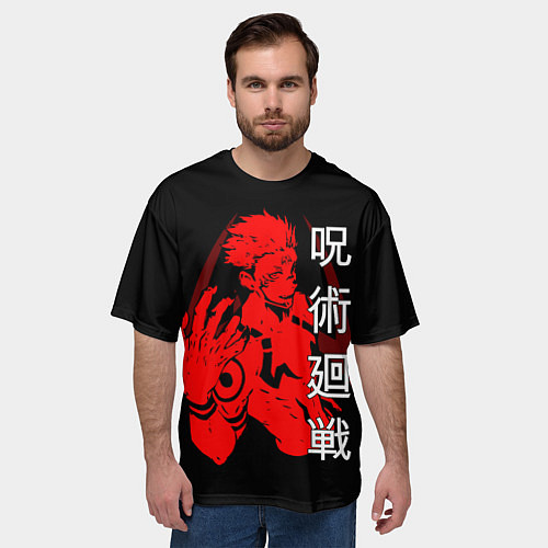 Мужская футболка оверсайз СУКУНА ДЕМОН, МАГИЧЕСКАЯ БИТВА НА СПИНЕ / 3D-принт – фото 3