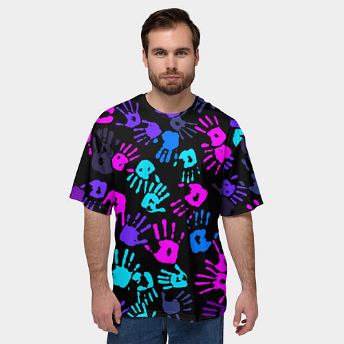 Мужская футболка оверсайз Следы неоновых рук / 3D-принт – фото 3