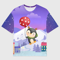 Футболка оверсайз мужская Новогодний пингвин с шариком, цвет: 3D-принт