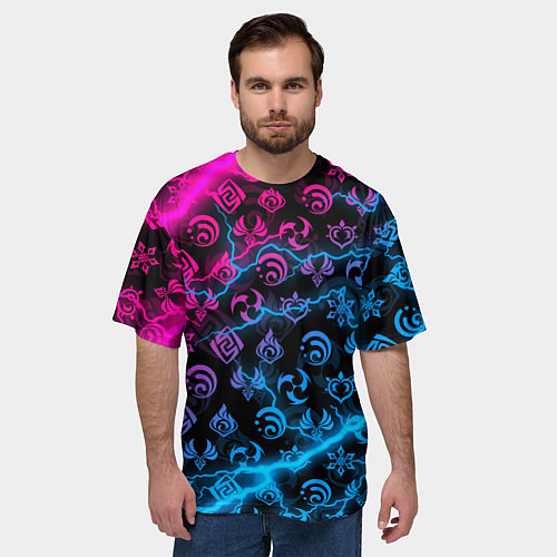 Мужская футболка оверсайз НЕОНОВЫЕ МОЛНИИ, GENSHIN IMPACT NEON / 3D-принт – фото 3
