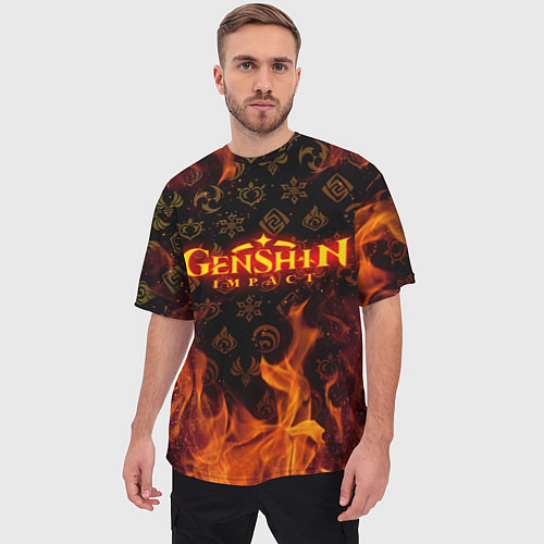 Мужская футболка оверсайз GENSHIN IMPACT FIRE SYMBOL ОГНЕННАЯ СТИХИЯ / 3D-принт – фото 3