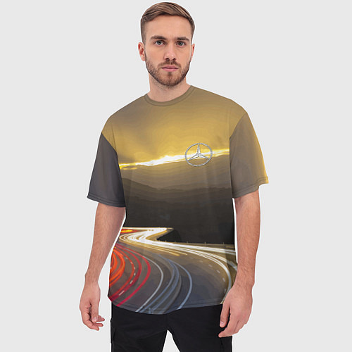 Мужская футболка оверсайз Ночная трасса, Мерседес / 3D-принт – фото 3