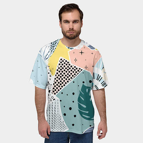 Мужская футболка оверсайз Абстрактный узор с пальмовыми листами и геометрией / 3D-принт – фото 3