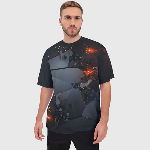 Мужская футболка оверсайз НЕОНОВЫЙ ВЗРЫВ ПЛИТЫ, ОБЛОМКИ NEON EXPLOSION / 3D-принт – фото 3