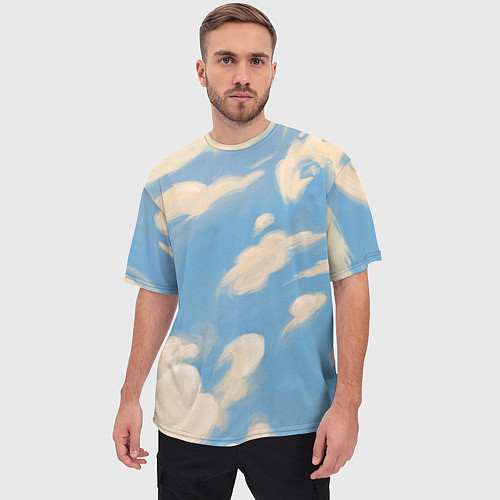 Мужская футболка оверсайз Рисунок голубого неба с облаками маслом / 3D-принт – фото 3