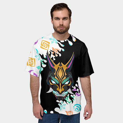 Мужская футболка оверсайз Genshin Impact - Пламя Маска Сяо / 3D-принт – фото 3