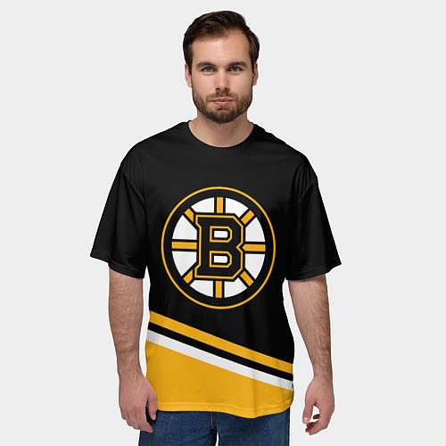 Мужская футболка оверсайз Бостон Брюинз, Boston Bruins Диагональные полосы / 3D-принт – фото 3