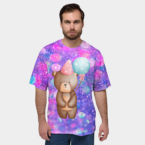 Мужская футболка оверсайз День Рождения - Медвежонок с шариками / 3D-принт – фото 3