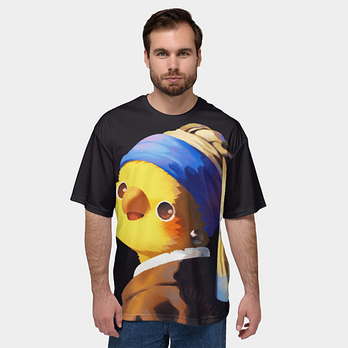 Мужская футболка оверсайз ПОПУГАЙ С жемчужной Сережкой / 3D-принт – фото 3