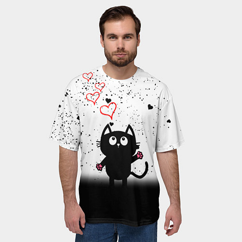 Мужская футболка оверсайз Котик в тумане Сердечки / 3D-принт – фото 3