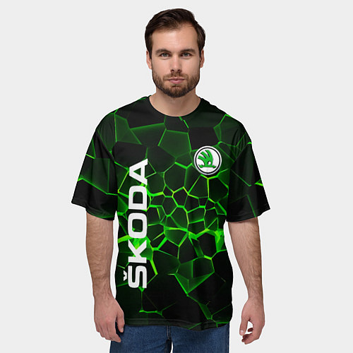 Мужская футболка оверсайз Skoda: Неоновые трещины / 3D-принт – фото 3