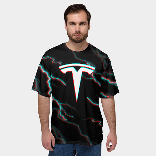 Мужская футболка оверсайз Tesla Glitch молнии / 3D-принт – фото 3