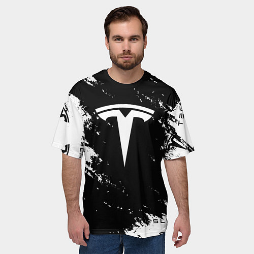 Мужская футболка оверсайз Tesla logo texture / 3D-принт – фото 3