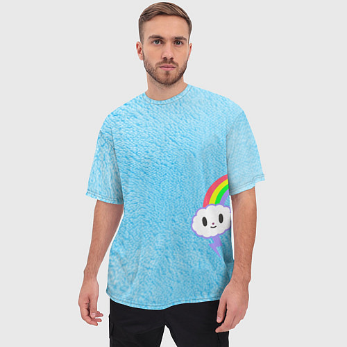 Мужская футболка оверсайз Облачко на голубом мехе с радугой парная / 3D-принт – фото 3