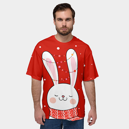 Мужская футболка оверсайз ЗАЙКА И СНЕЖИНКИ / 3D-принт – фото 3