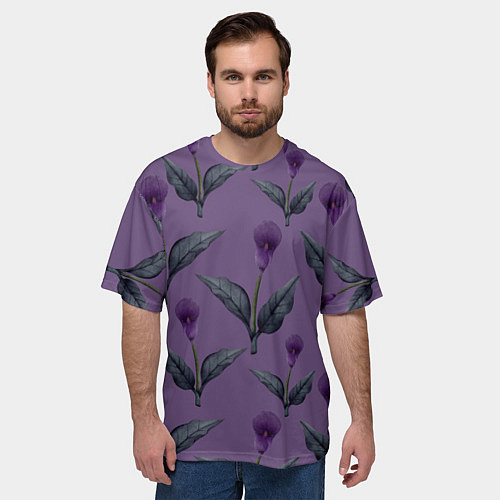 Мужская футболка оверсайз Фиолетовые каллы с зелеными листьями / 3D-принт – фото 3