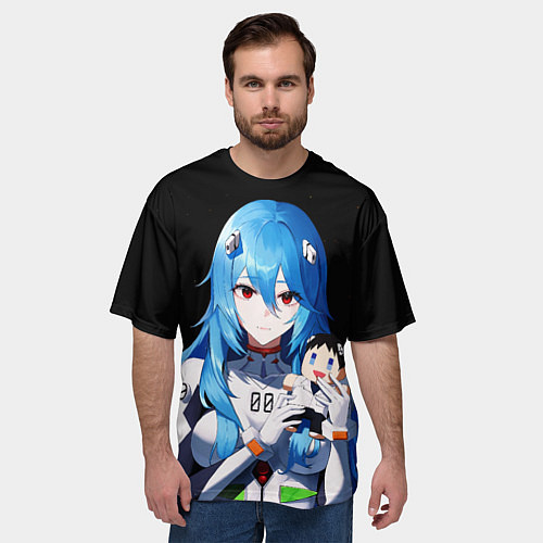 Мужская футболка оверсайз Рей Аянами с игрушкой Синдзи Евангелион / 3D-принт – фото 3