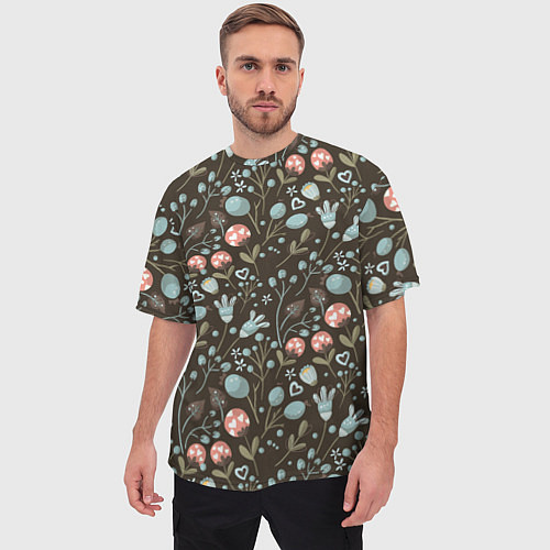 Мужская футболка оверсайз Цветы и ягоды паттерн / 3D-принт – фото 3