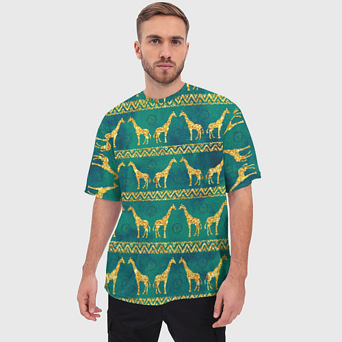 Мужская футболка оверсайз Золотые жирафы паттерн / 3D-принт – фото 3