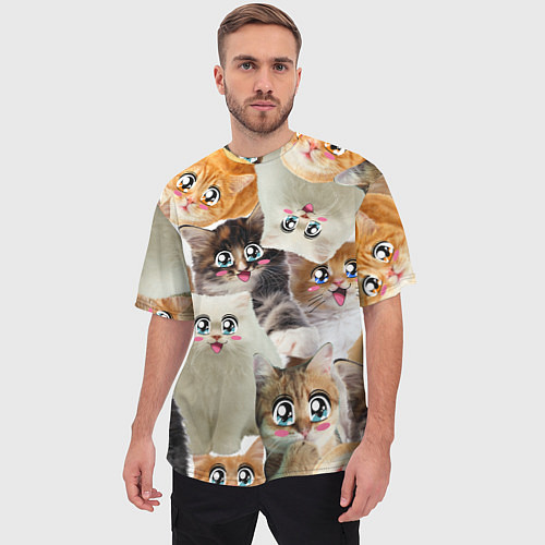 Мужская футболка оверсайз Много кошек с большими анимэ глазами / 3D-принт – фото 3