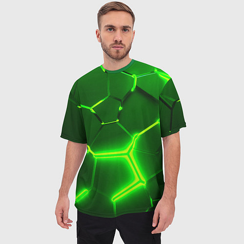 Мужская футболка оверсайз 3D ПЛИТЫ НЕОН NEON GREEN HEXAGON РАЗЛОМ / 3D-принт – фото 3