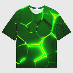 Мужская футболка оверсайз 3D ПЛИТЫ НЕОН NEON GREEN HEXAGON РАЗЛОМ