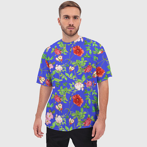 Мужская футболка оверсайз Цветочки - синий фон - паттерн / 3D-принт – фото 3