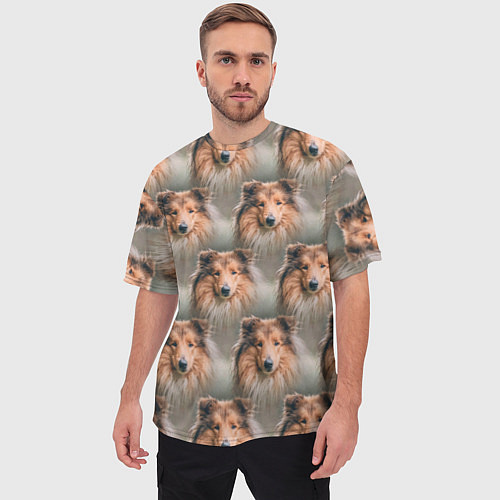 Мужская футболка оверсайз Колли Собака паттерн / 3D-принт – фото 3