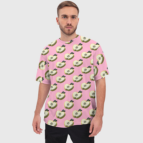 Мужская футболка оверсайз Яблочные дольки на розовом фоне с эффектом 3D / 3D-принт – фото 3