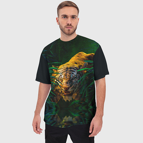 Мужская футболка оверсайз Крадущийся тигр в джунглях / 3D-принт – фото 3
