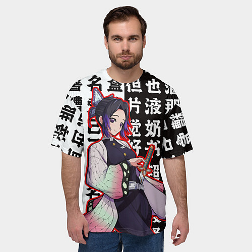 Мужская футболка оверсайз Шинобу Кочо и иероглифы Клинок рассекающий демонов / 3D-принт – фото 3